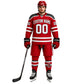 Custom ice hockey uniform jersey and pants worn by hockey player with personalized name and number