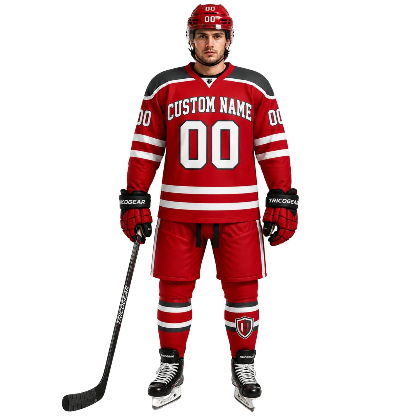 Custom ice hockey uniform jersey and pants worn by hockey player with personalized name and number