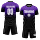 Custom made purple and black football jersey set showing front and back views with personalized team name and player number