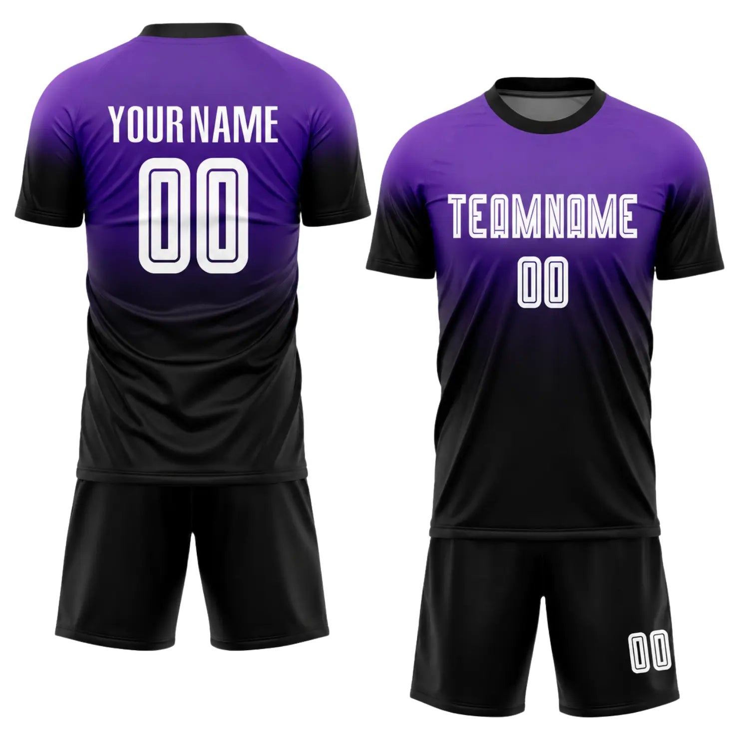 Custom made purple and black football jersey set showing front and back views with personalized team name and player number