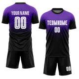 Custom made purple and black football jersey set showing front and back views with personalized team name and player number