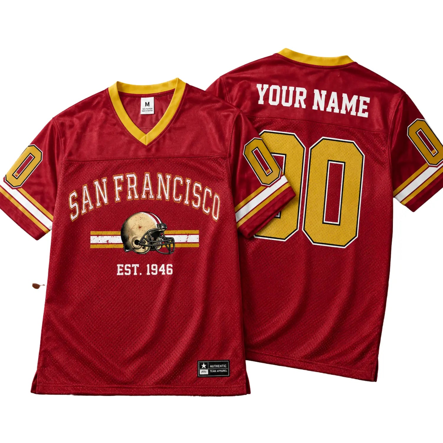 Custom San Francisco football jersey displayed front and back with personalized number and name