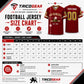 Custom San Francisco football jersey size chart with chest, length, shoulder, and sleeve