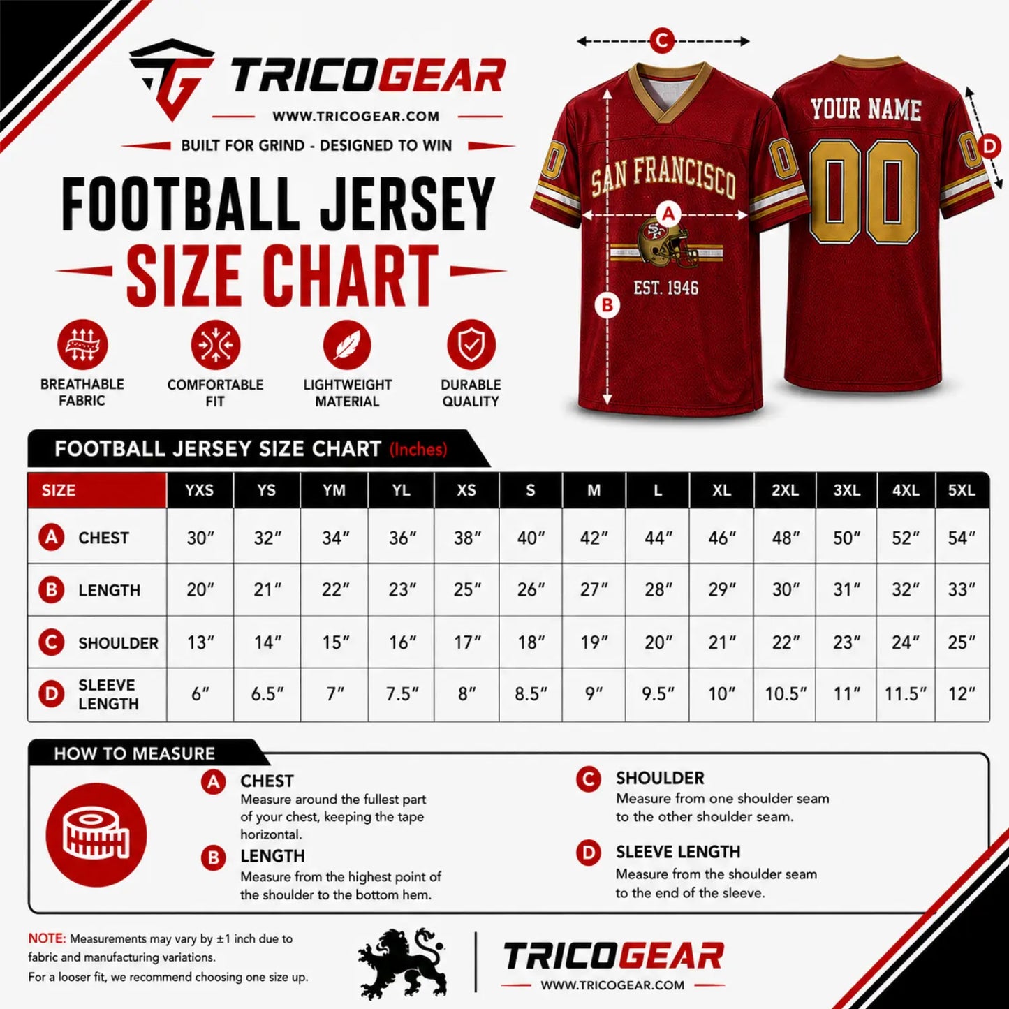 Custom San Francisco football jersey size chart with chest, length, shoulder, and sleeve
