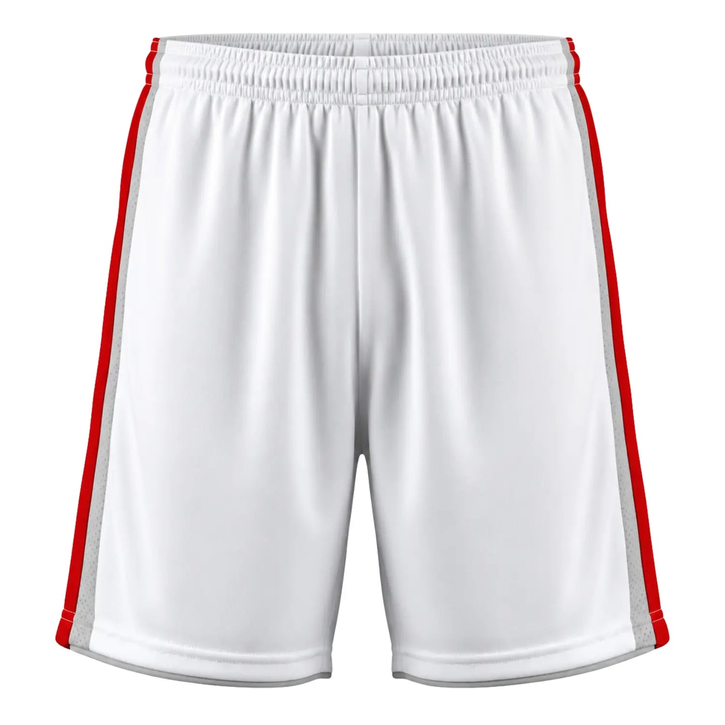 Custom soccer shorts with personalized name and number, white design with red side stripes