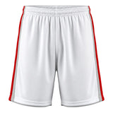 Custom soccer shorts with personalized name and number, white design with red side stripes