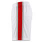 Custom soccer shorts side view with red stripe and gray panel, personalized team design