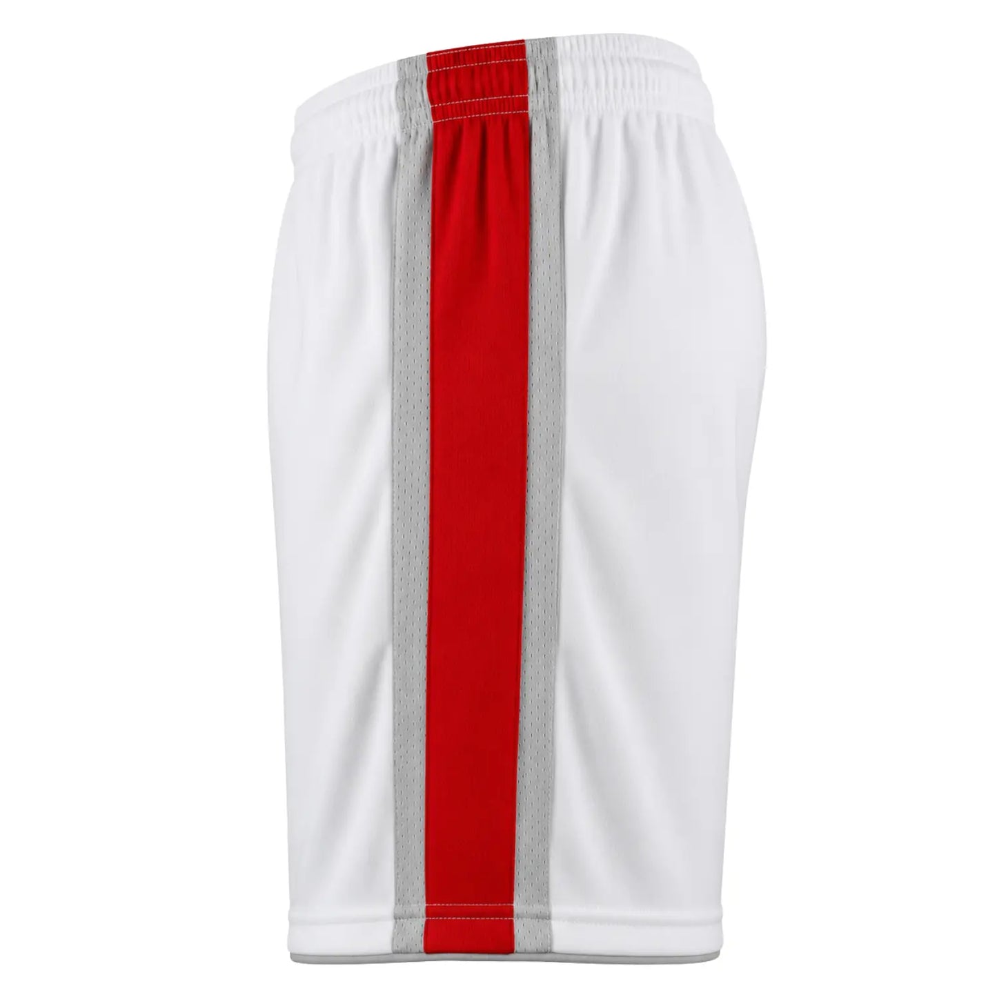 Custom soccer shorts side view with red stripe and gray panel, personalized team design