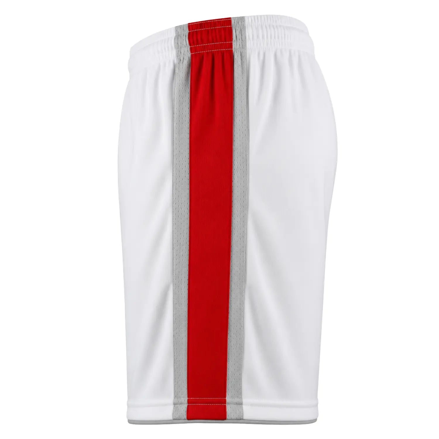 Custom soccer shorts side view with red stripe and gray panel, personalized team design