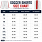 Custom soccer shorts size chart with XS to 4XL measurements for chest, waist, and hip in inches