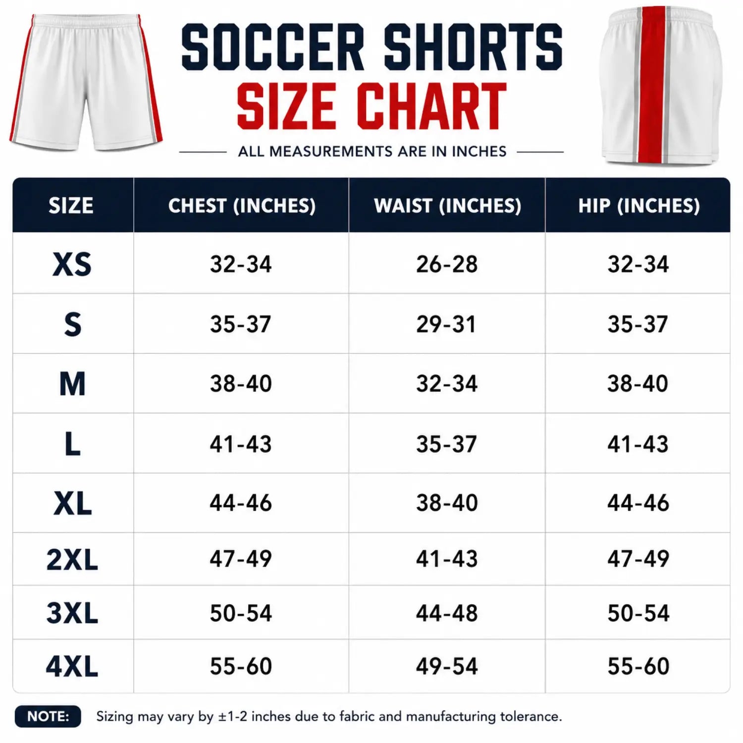 Custom soccer shorts size chart with XS to 4XL measurements for chest, waist, and hip in inches
