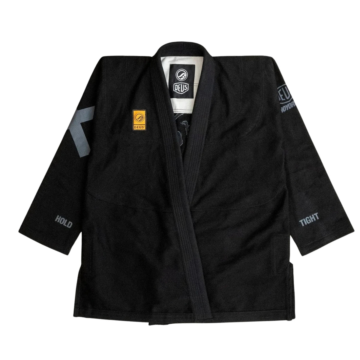 Deus Ex Machina x Shoyoroll black BJJ Gi front view with embroidered logos and contrast details