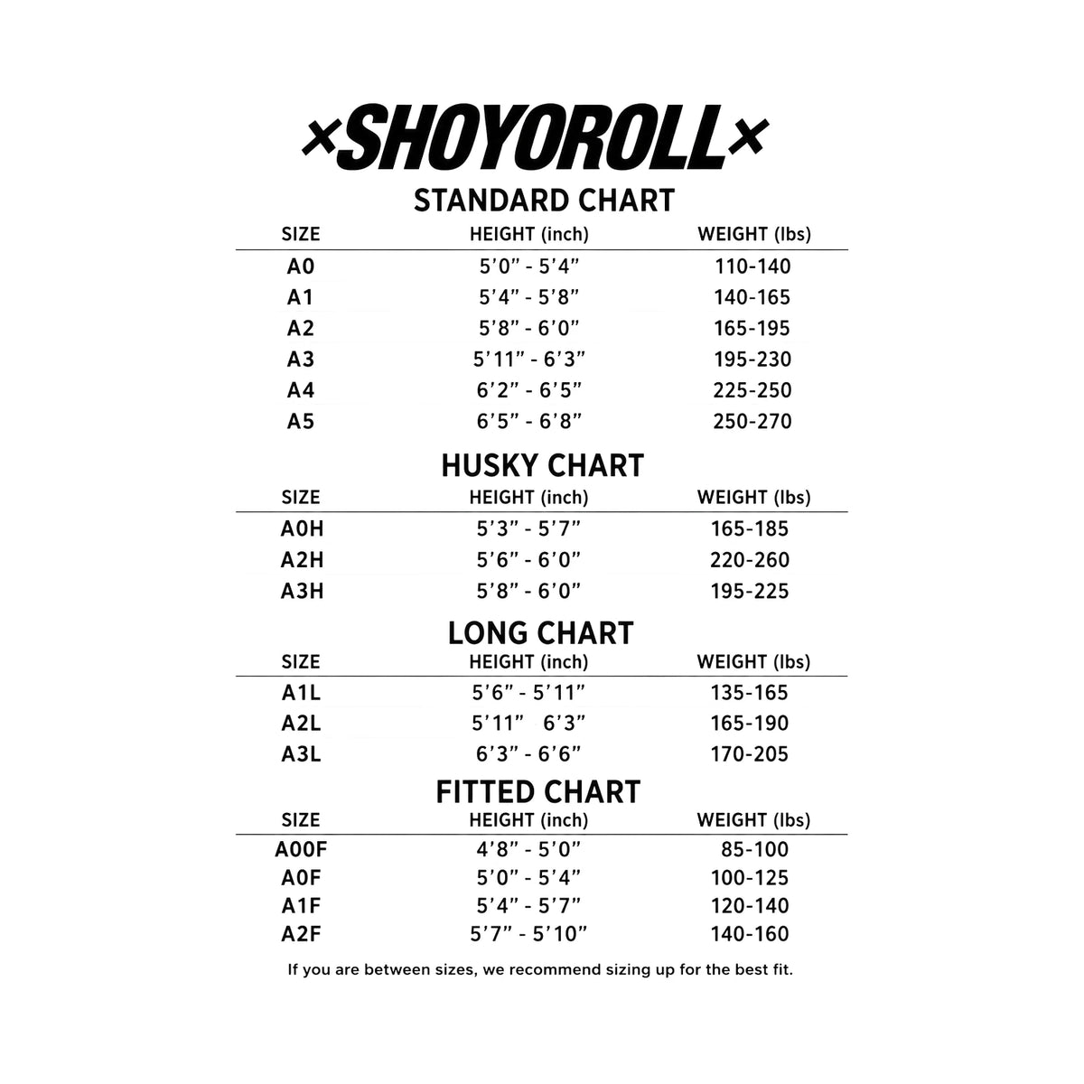 Deus Ex Machina x Shoyoroll BJJ Gi size chart with standard, husky, long, and fitted sizes