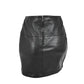Back view of the ladies short black leather pencil skirt revealing the vertical center seam and polished silver rear zipper closure