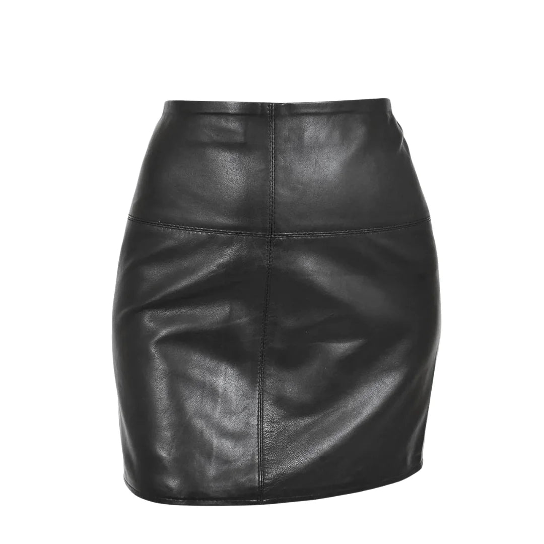 Front view of Ladies Leather 16inch Mini Length Pencil Skirt SKT5 Black showing the high-waisted design and horizontal panel stitching