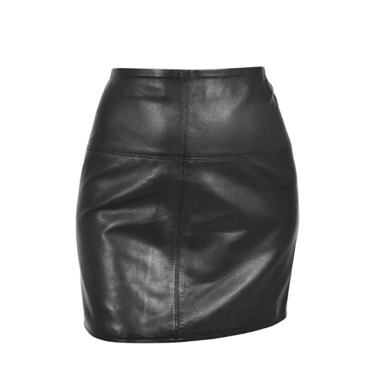 Front view of Ladies Leather 16inch Mini Length Pencil Skirt SKT5 Black showing the high-waisted design and horizontal panel stitching