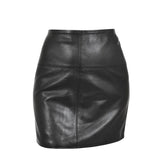 Front view of Ladies Leather 16inch Mini Length Pencil Skirt SKT5 Black showing the high-waisted design and horizontal panel stitching