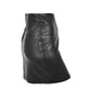 Side profile view of the ladies black genuine leather 16-inch mini pencil skirt showcasing its fitted, tailored silhouette