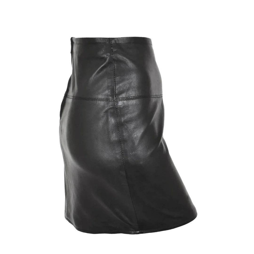 Side profile view of the ladies black genuine leather 16-inch mini pencil skirt showcasing its fitted, tailored silhouette