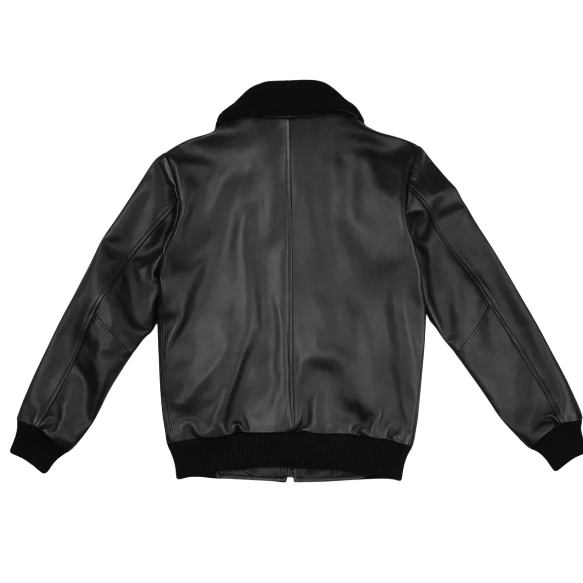 Men’s black G-1 leather flight jacket back view with ribbed waistband