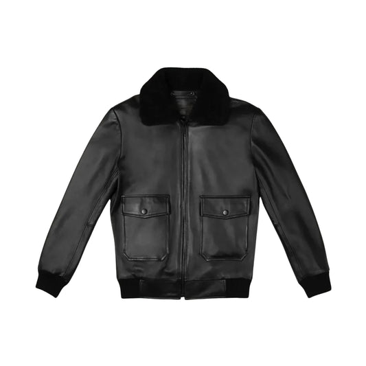 Men’s black G-1 leather flight jacket front view with shearling collar