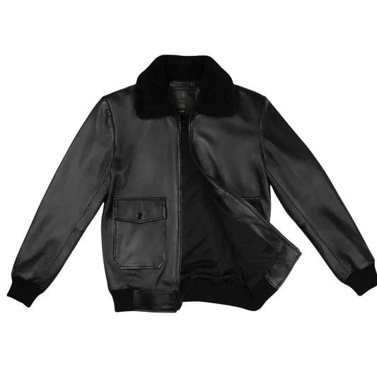Men’s black G-1 leather flight jacket open front showing interior lining