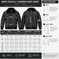 Men’s black G-1 leather flight jacket size chart with chest waist sleeve and back length measurements