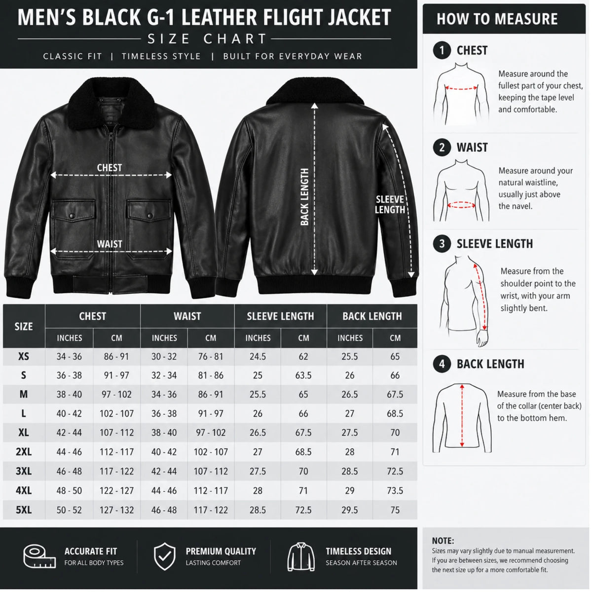 Men’s black G-1 leather flight jacket size chart with chest waist sleeve and back length measurements