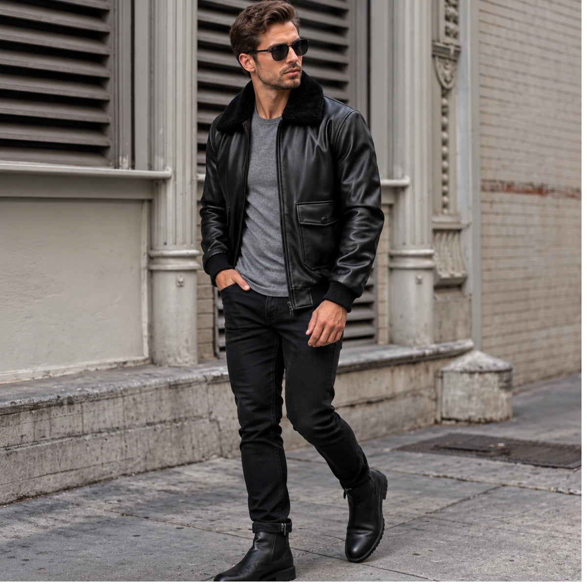 Men’s black G-1 leather flight jacket worn by a Western male model