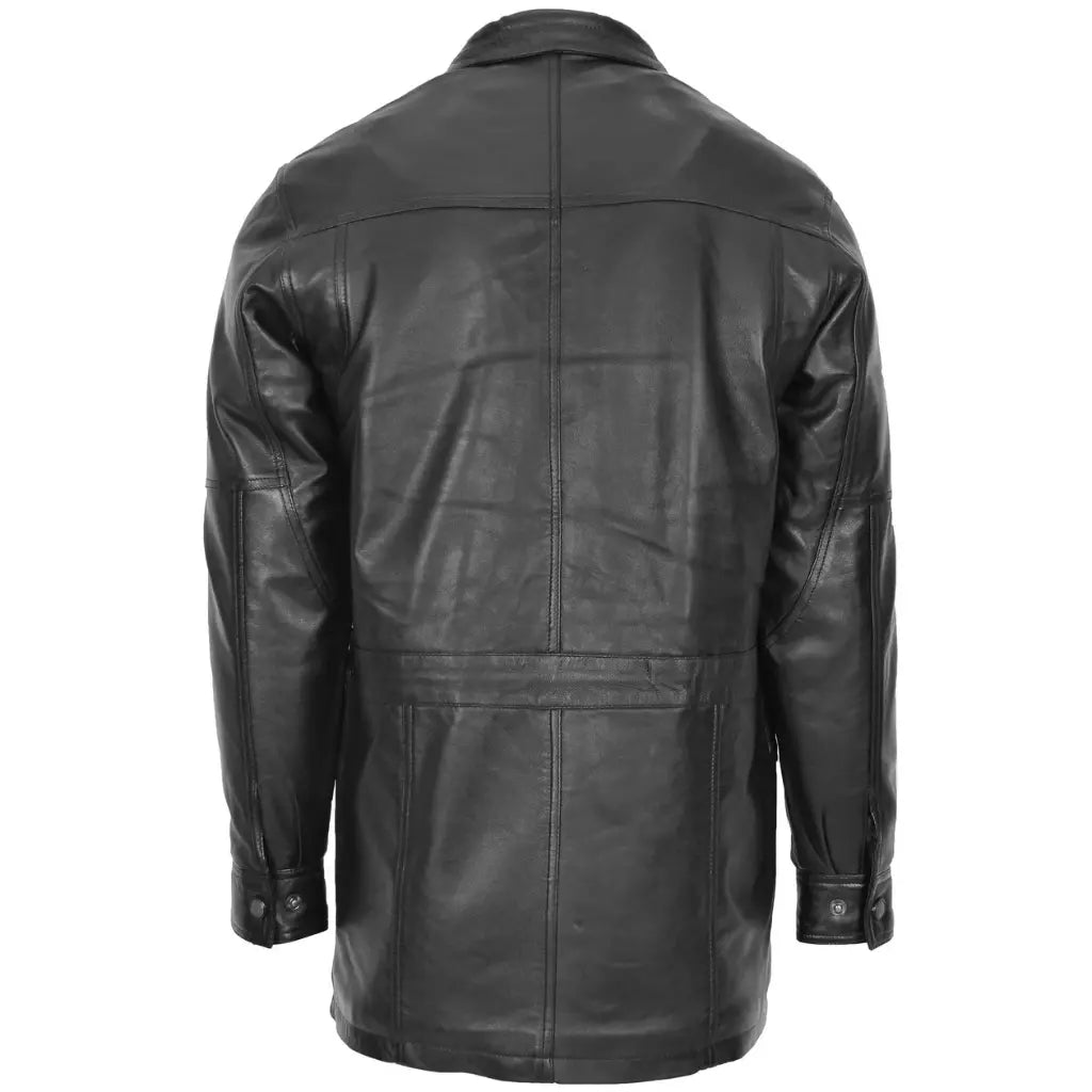 Back view of men's black genuine leather winter car coat with classic hip length design