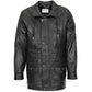 Men's black genuine leather winter car coat hip length front view with six pockets and snap button closure