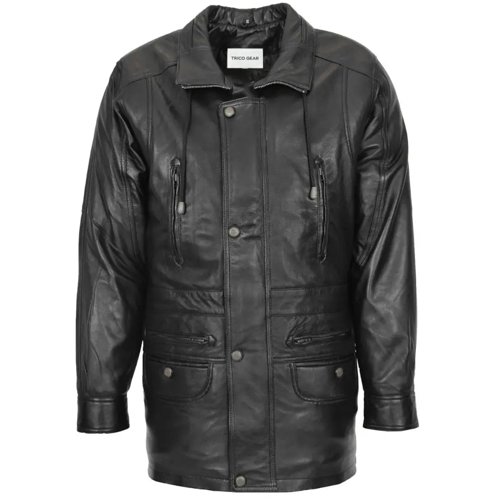 Men's black genuine leather winter car coat hip length front view with six pockets and snap button closure