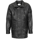 Men's black genuine leather winter car coat hip length front view with six pockets and snap button closure