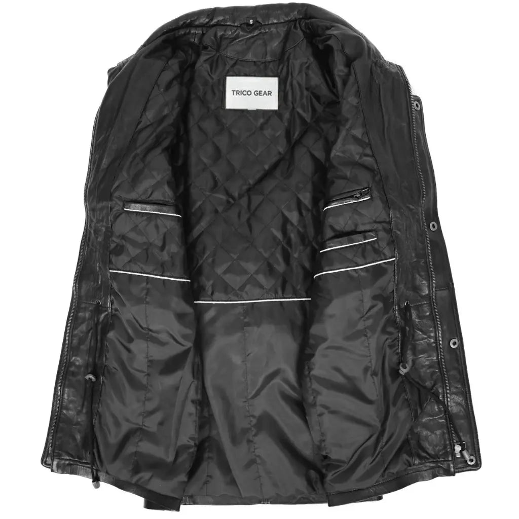 Interior view of men's black genuine leather winter car coat with quilted polyester lining and inside pockets