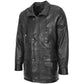 ngled view of men's black genuine leather winter car coat with multiple utility pockets and premium finish