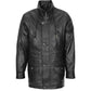 Men's black genuine leather winter car coat featuring stand collar, YKK zipper, and snap button front