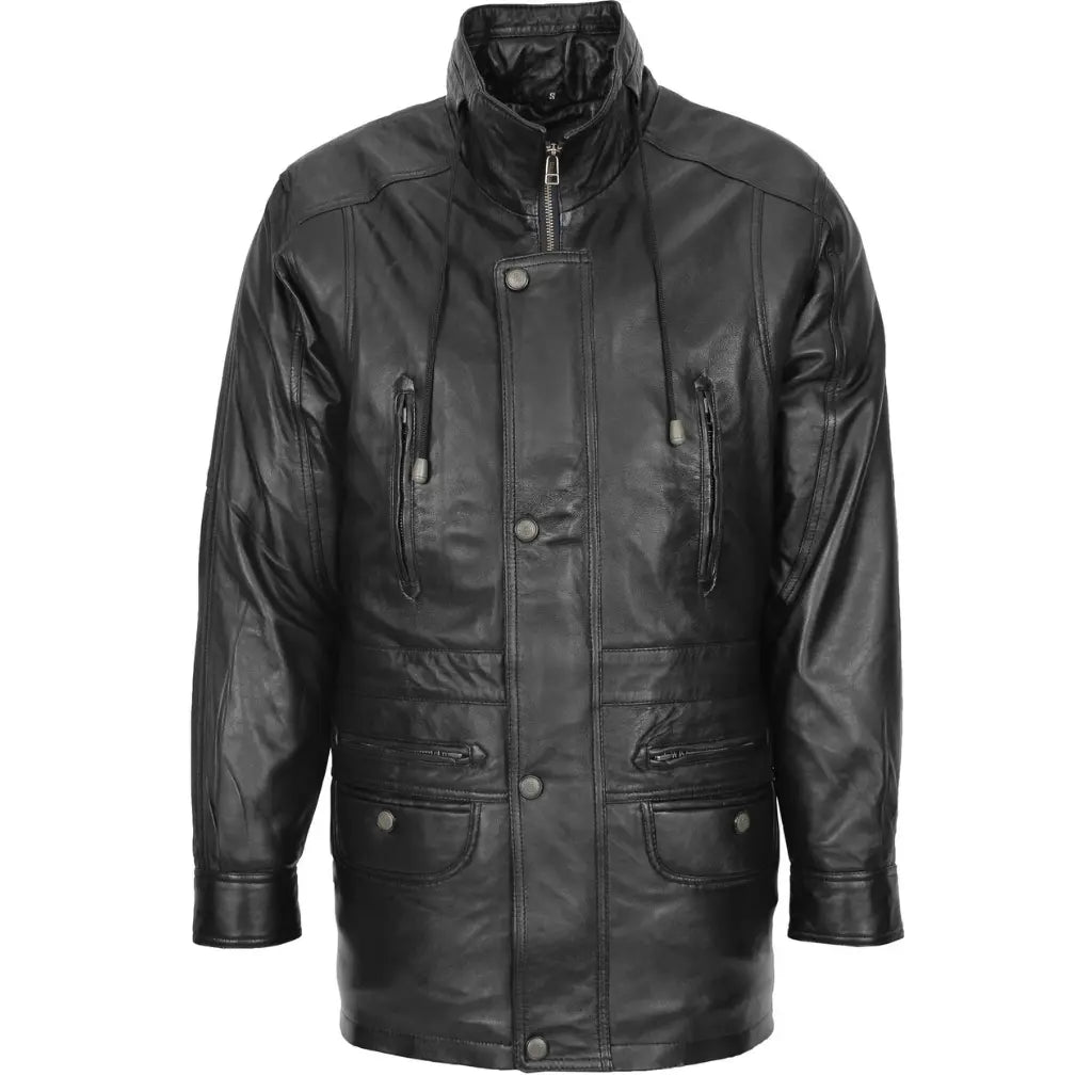 Men's black genuine leather winter car coat featuring stand collar, YKK zipper, and snap button front
