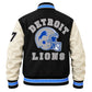 Men’s black and white leather sleeve letterman biker jacket back view