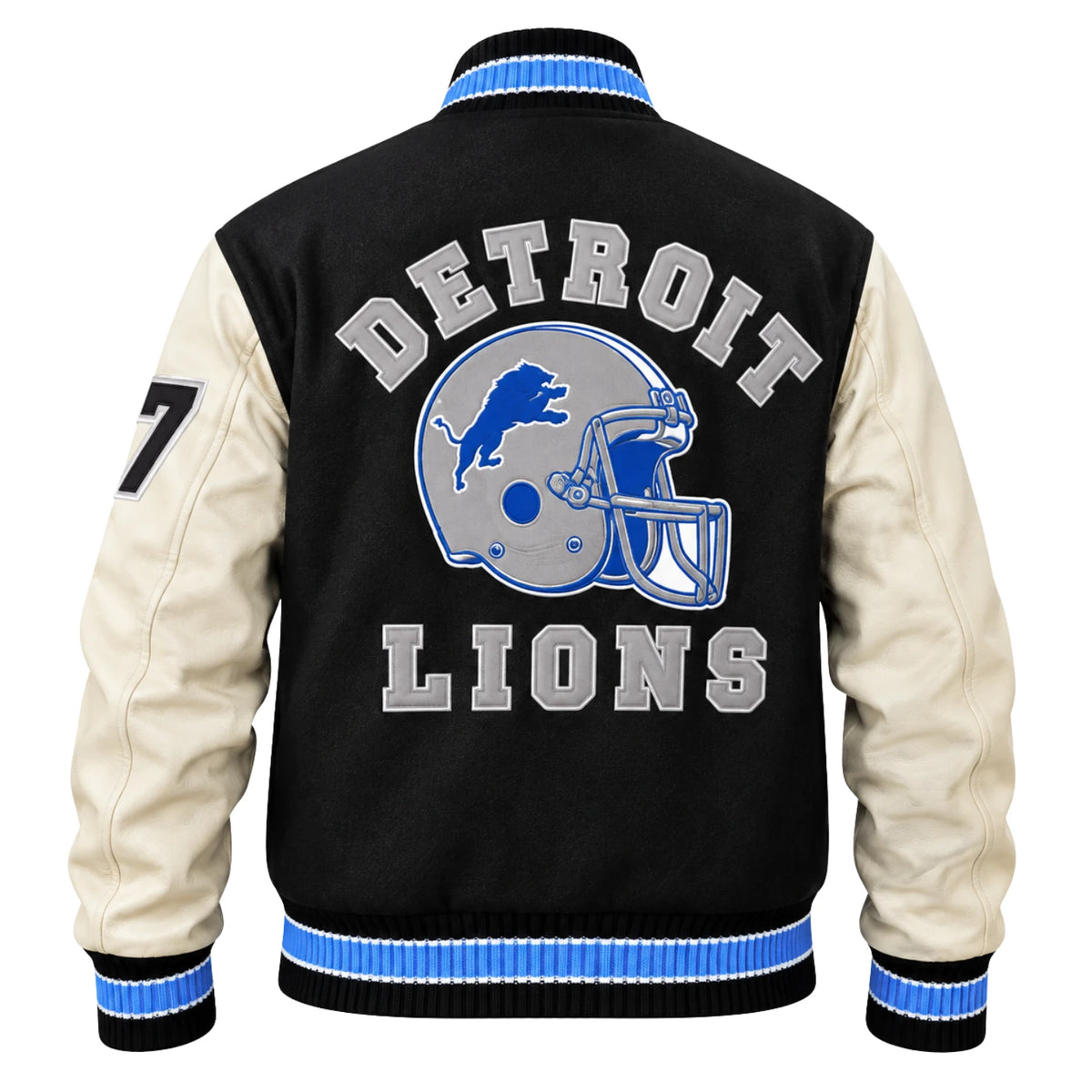Men’s black and white leather sleeve letterman biker jacket back view