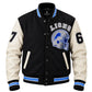 Men’s black and white leather sleeve letterman biker jacket front view