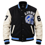 Men’s black and white leather sleeve letterman biker jacket front view