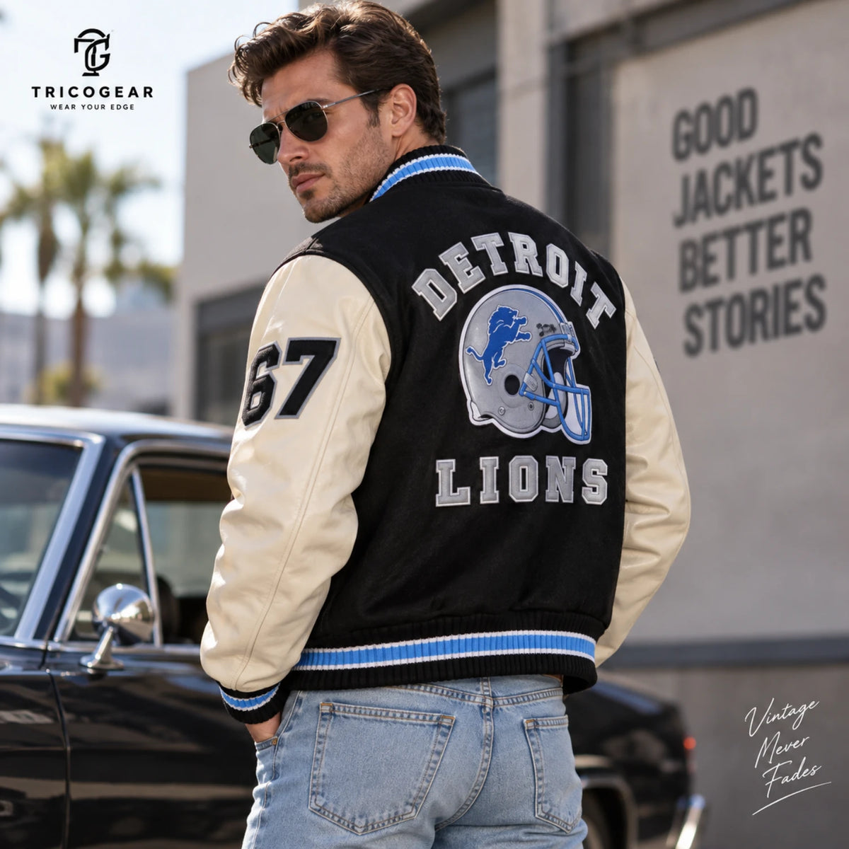 Men’s black and white leather sleeve letterman biker jacket worn by male model