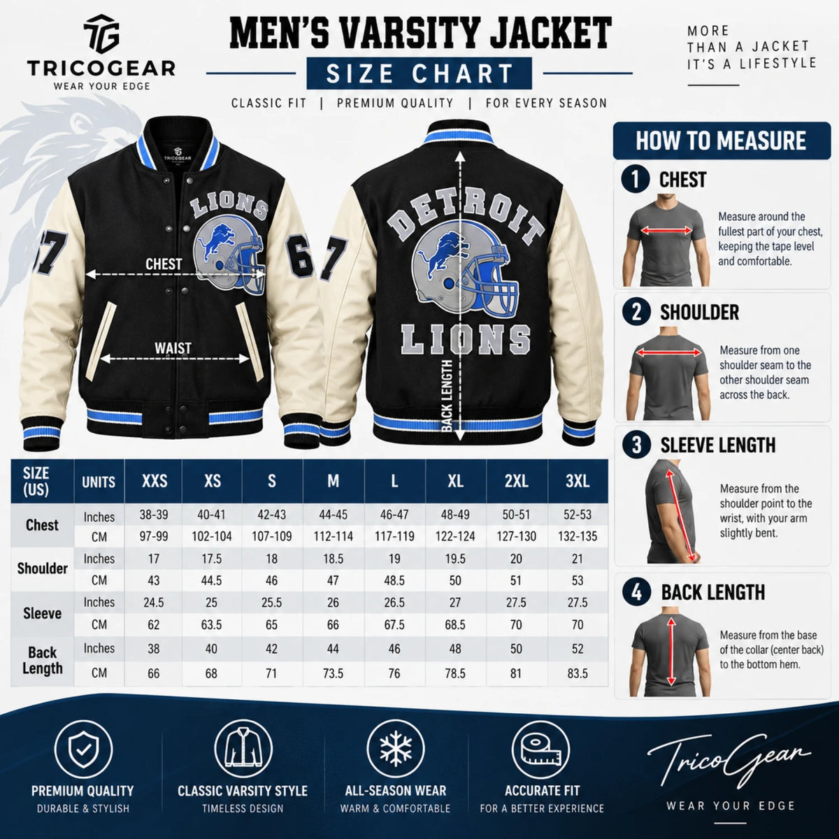 Men’s black and white leather sleeve letterman biker jacket size chart with chest shoulder sleeve and back length measurements