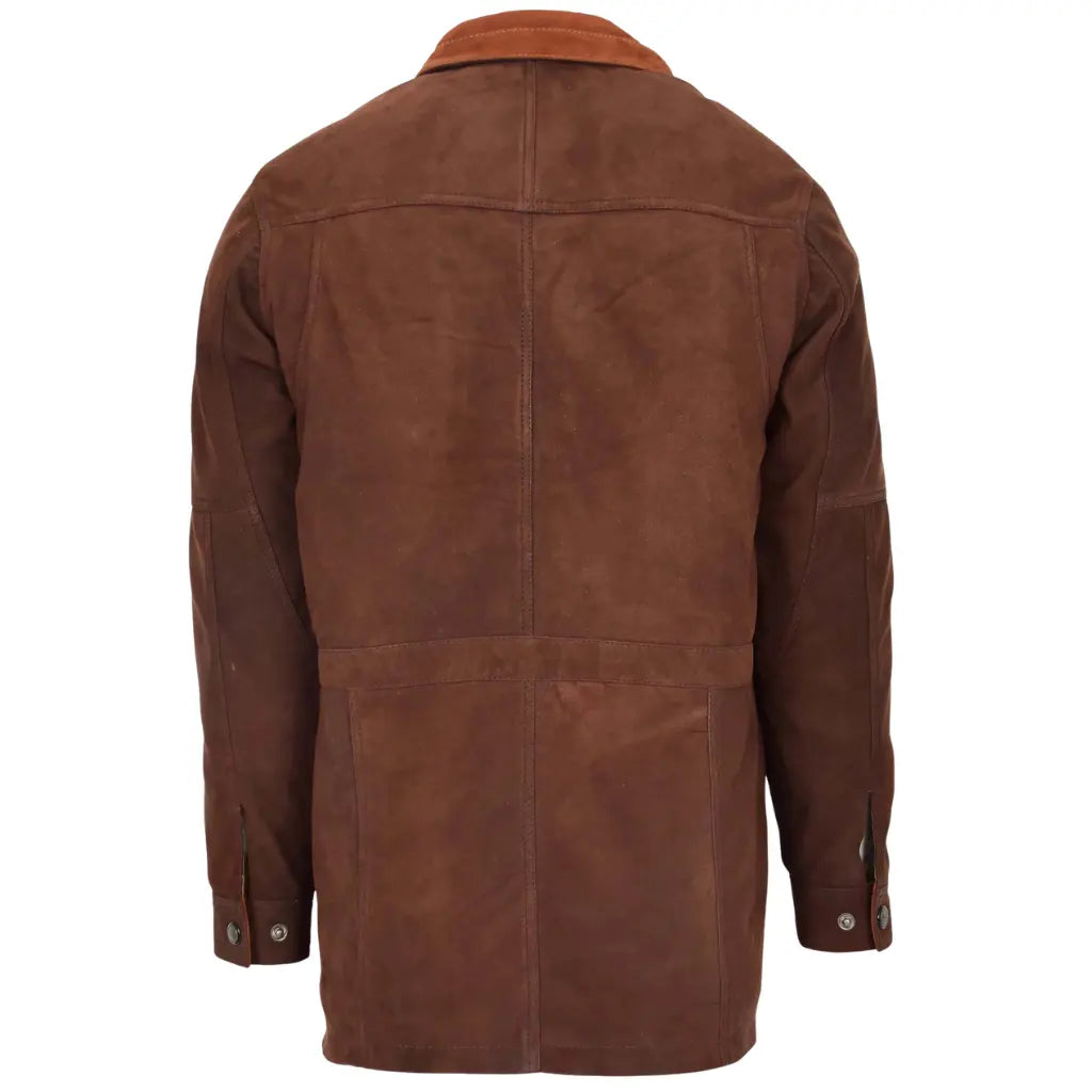 Back view of Men's Brown Nubuck Leather Car Coat hip length winter jacket
