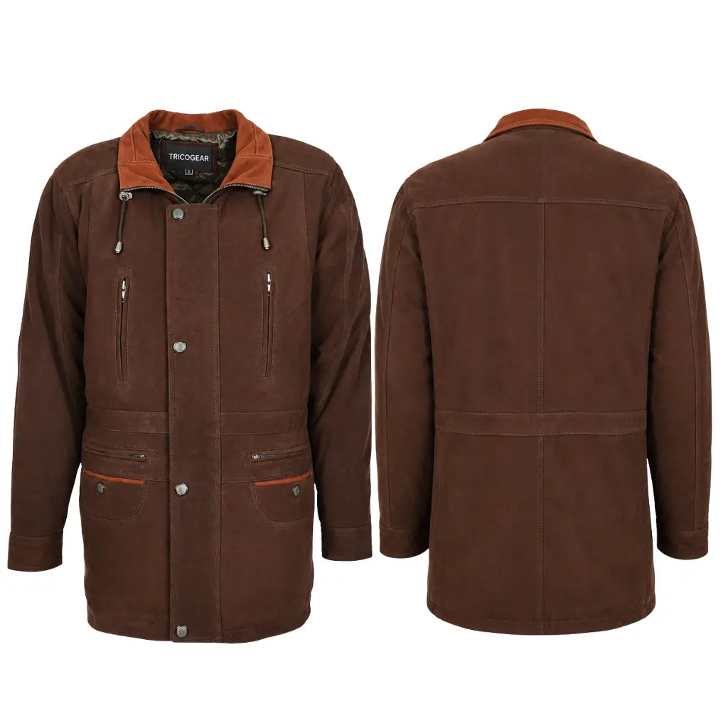Front and back view of Men's Brown Nubuck Leather Car Coat hip length winter jacket