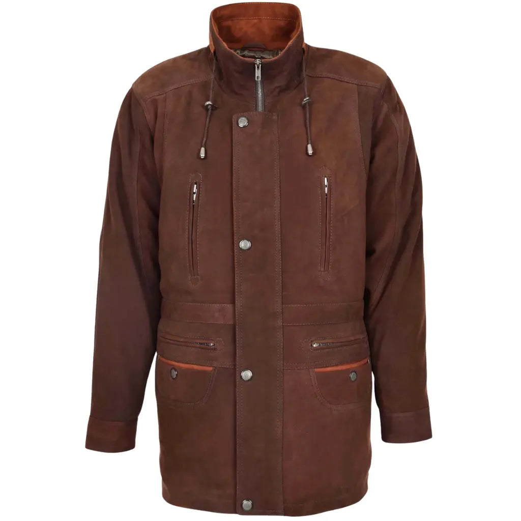 Men's Brown Nubuck Leather Car Coat front view with zip and snap button closure