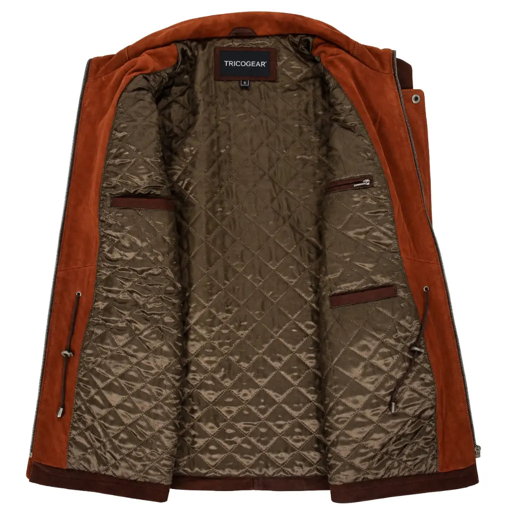 Interior quilted lining of Men's Brown Nubuck Leather Car Coat with TRICOGEAR label and inside pockets