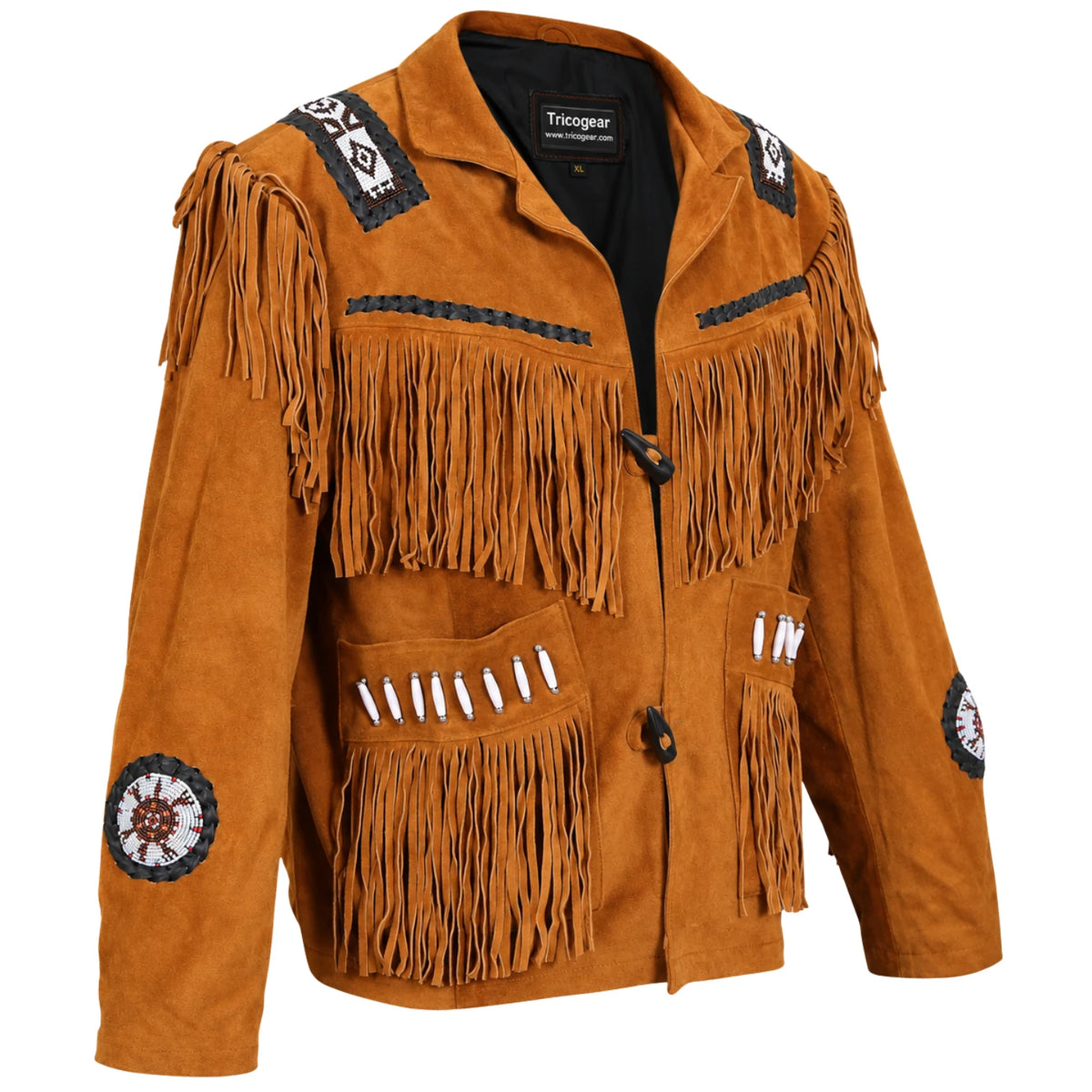 Men’s Brown Western Suede Leather Jacket – Fringe & White Bead Embellished Cowboy Jacket
