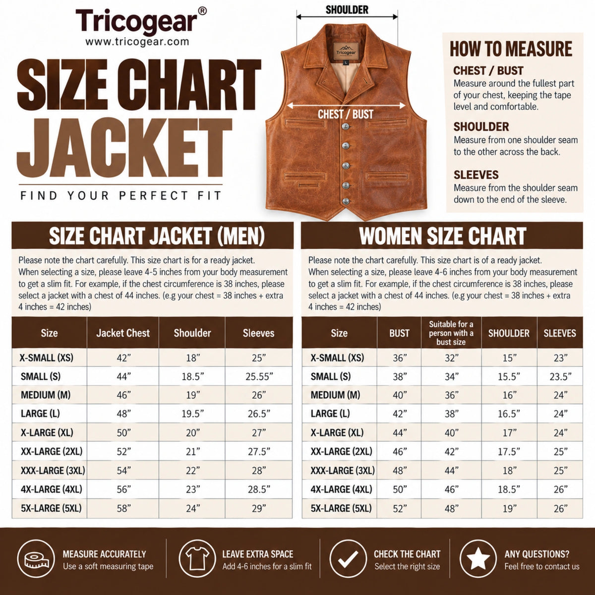 Men’s Brown Western Cowboy Leather Vest size chart with chest and shoulder measurements