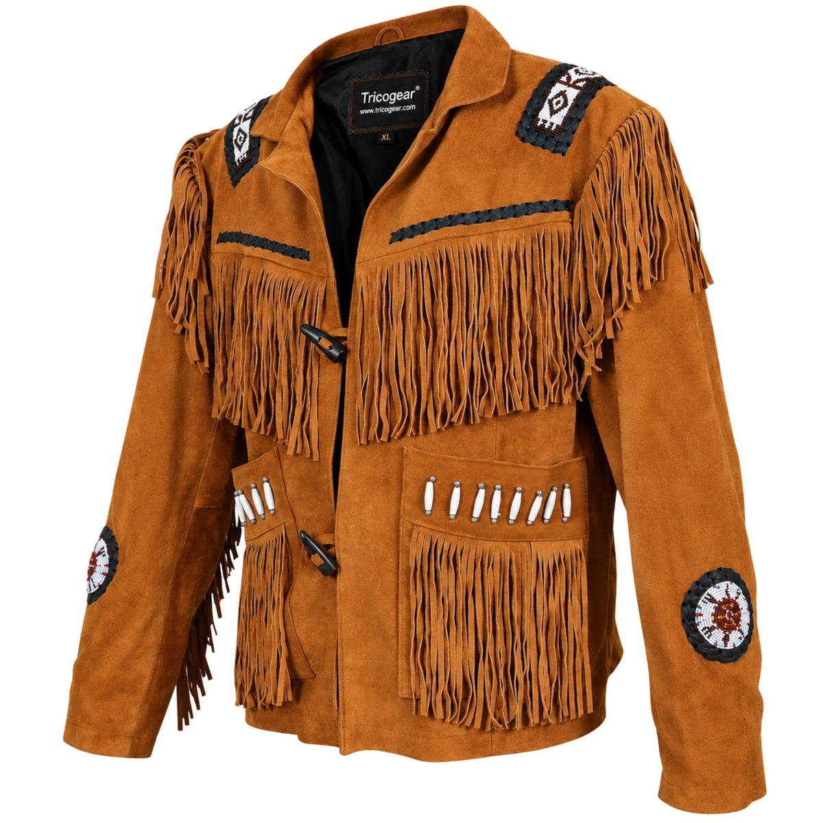 Men’s Brown Western Suede Leather Jacket – Fringe & White Bead Embellished Cowboy Jacket